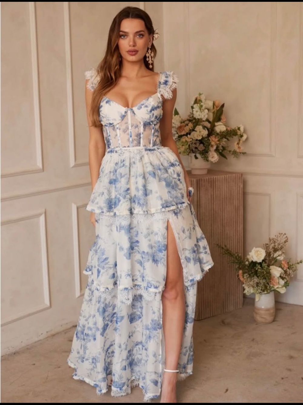 V Chapman Jolee Floral Ruffle Tiered Maxi Dress in Blue and White